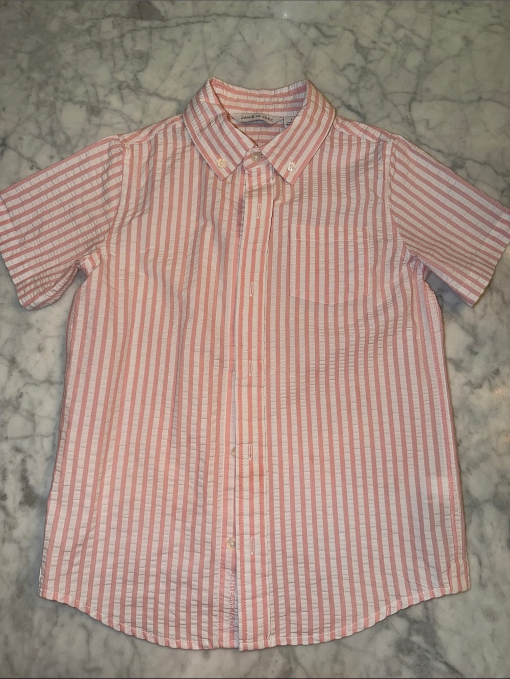 Janie & Jack Pink and White Striped Short-Sleeve Button-Down Shirt 7Y